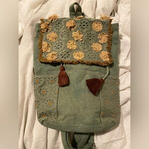 Green Floral Embroidered Backpack